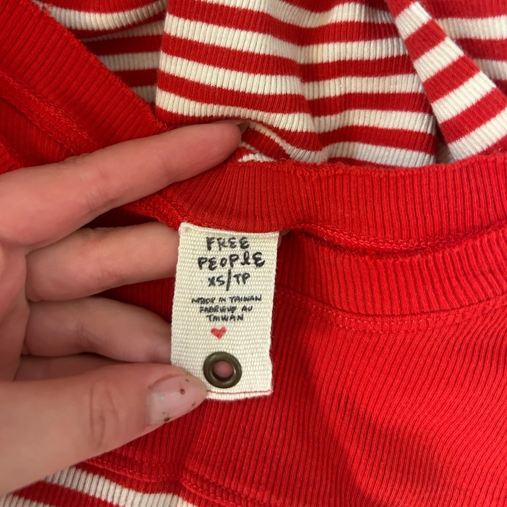 Free People Raw Hem Red and White Stripe Fit and Flare Cuffed Long Sleeve Top - Picture 4 of 6